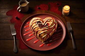 Poster - heart-shaped cinnamon roll on plate, drizzled with icing and topped with sprinkles, created with generative ai