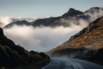 Sticker - dramatic mountain range, with clouds hovering above and fog drifting below, seen from the road, created with generative ai