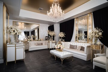 Wall Mural - white-and-gold reception area with sleek furnishings, luxurious floral arrangements and crystal accents, created with generative ai