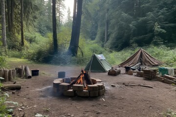 Poster - camping trip with trail markers and campfire visible in the background, created with generative ai