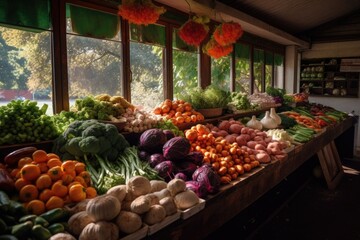 Wall Mural - view of vegetable stand, with colorful and fresh vegetables on display, created with generative ai