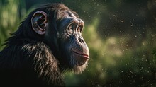 Chimpanzee In The Jungle. Close Up Portrait Photo. 
