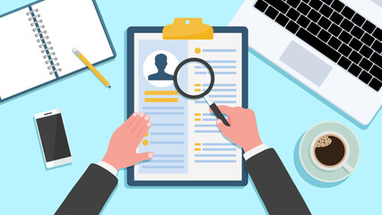 Wall Mural - human resources management, professional staff research, head hunter job with magnifying glass. job 