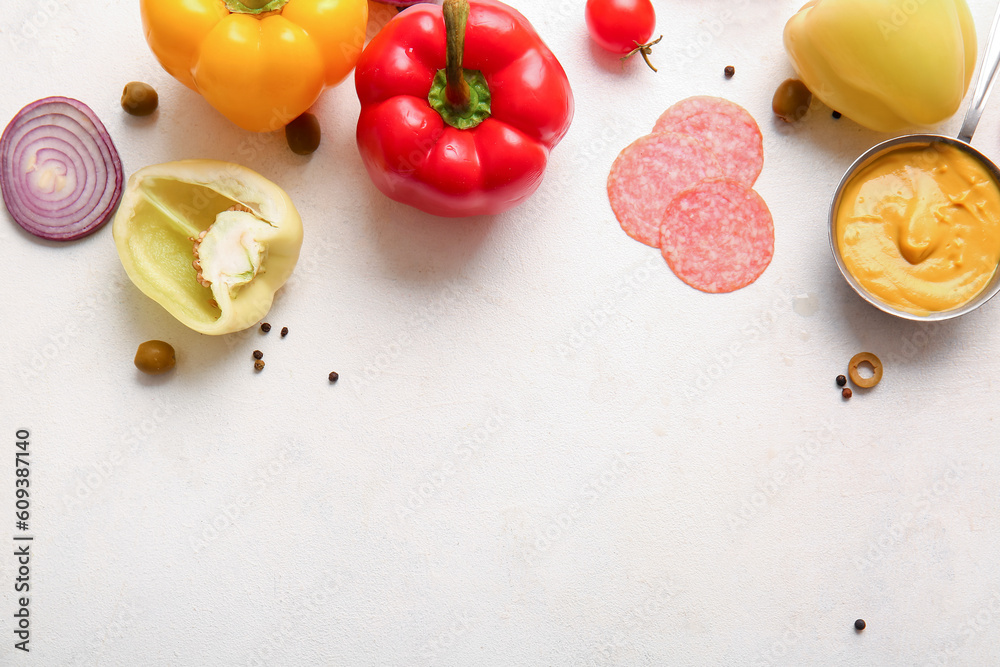 Ingredients for preparing pizza on white background
