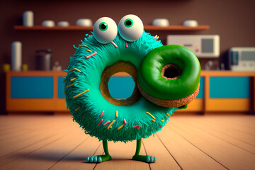 Wall Mural - Cute green donut with icing, sprinkles and eyes. Generative AI. Character for children's comic book, advert. National Donut Day, Fat Thursday. Funny illustration for pizzeria, bakery, fast food, menu