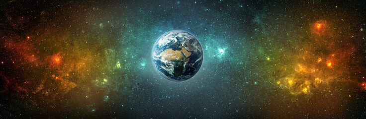 Wall Mural - panoramic view of the earth, stars and galaxy. planet earth, view from space. space fantasy. element