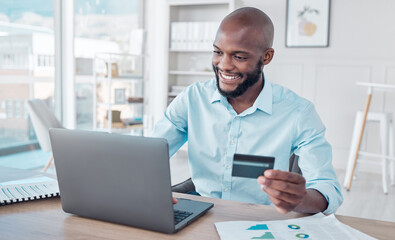 Poster - Credit card, online shopping and black man use laptop, internet or web for ecommerce purchase in an office. Businessman, African and employee making payment on a website in a company office