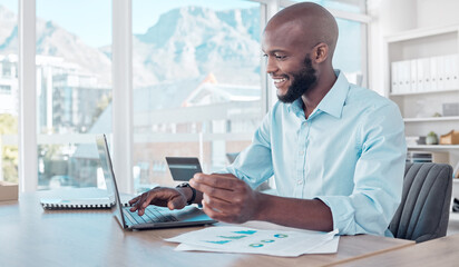 Poster - payment, online shopping and businessman use laptop, internet or web for ecommerce purchase in an of