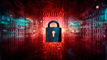 Poster - binary code lock Visualize the concept of internet safety and personal data privacy as a shielded lock protecting a network against hacker attacks, with binary code in the background, Generative AI