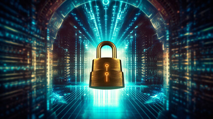 Poster - lock Visualize the concept of internet safety and personal data privacy as a shielded lock protecting a network against hacker attacks, with binary code flowing in the background, Generative AI