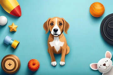   a whimsical scatter of dog toys, set against a baby blue background