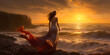 Woman in dress standing on seashore at dawn. Generative AI