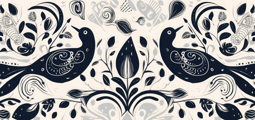 Botanical hand drawn ethno style ornament pattern with birds. Abstract trendy monochrome print. Fashionable vector template for your design, Generative AI