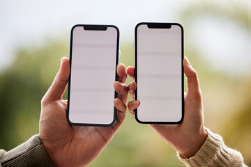 Aufkleber - Phone screen, mockup and hands of couple of friends with online promotion and deal space outdoor. Hand, mobile and advertisement on cellphone with connectivity, network and dating app on web