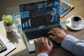 Poster - analyst uses a computer and dashboard Data Management System project analysis resource financial graph business performance on the desktop