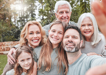 Sticker - Big family selfie, smile and portrait in park with happiness, love and bond for social media, app or internet post. Father, mother and daughter with grandparents, profile picture or backyard garden