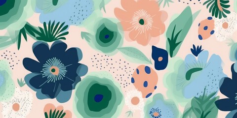 Wall Mural - Hand drawn naive abstract flowers print. Cute collage pattern. Fashionable template for design, Generative AI