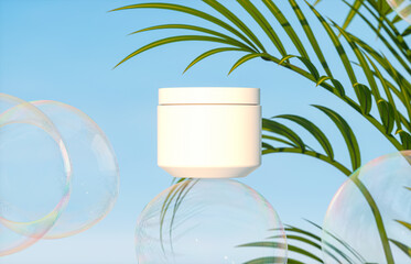 Aufkleber - Cosmetic cream jar on a background of tropical plants and soap bubbles. 3d rendering