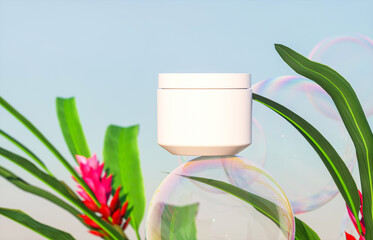 Aufkleber - Cosmetic cream jar on a background of tropical plants and soap bubbles. 3d rendering
