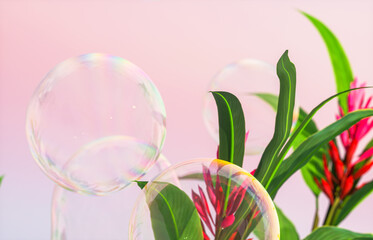 Poster - Soap bubbles with tropical plants on sunset sky background. 3d rendering