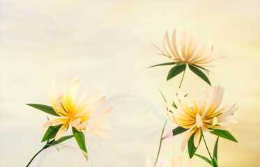 Aufkleber - Beautiful yellow daisies and soap bubbles on sunset sky background. 3d rendering