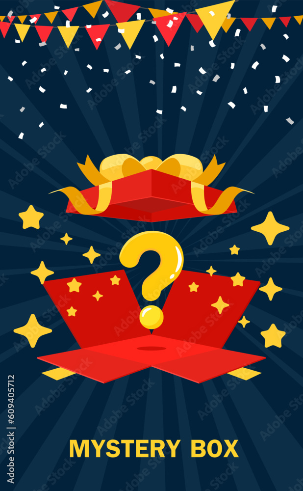 Secret Box Random Open a red mystery gift box with a white ribbon decoration flag ...