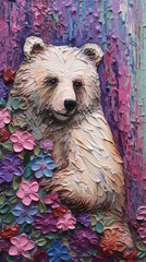 Wall Mural - Bear Art Painting On Canvas Floral Elements Vintage Style Embossed Brush Strokes  Generative AI Digital Illustration Part#030623