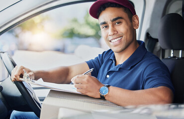Aufkleber - Delivery, checklist and portrait of man in van for shipping, logistics and supply chain forms. Ecommerce, online shopping and happy male driver with product list to deliver package, parcel and order