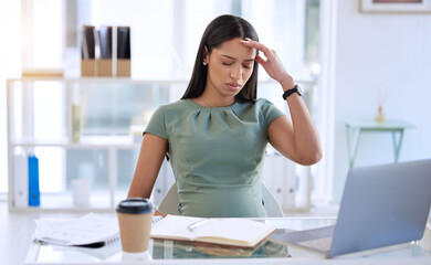 Poster - Pregnant woman in office, stress headache at desk with laptop and small business research online. Pregnancy, fatigue and exhausted businesswoman working overtime on report at startup design company.