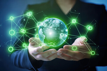 Poster - Businesswoman holding planet earth with green dots around, symbolising enivroment conservation - Generative AI