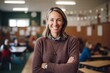 © Anne-Marie Albrecht - Portrait of smiling teacher standing with arms crossed in classroom at university