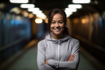 Medium shot portrait photography of a grinning woman in her 30s that is wearing a comfortable tracksuit against a tunnel or underground passage background . Generative AI