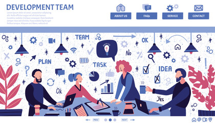 Leinwandbilder - Development team landing page template. Doodle characters drawing, website design. Manager, designers and programmer in hackathon office, developer creating process work. Vector illustration