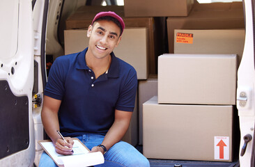 Aufkleber - Delivery van, clipboard and portrait of man with boxes for shipping, logistics and supply chain checklist. Ecommerce, online shopping and male driver with list to deliver package, parcel and order