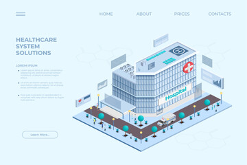Aufkleber - Isometric hospital landing page. Medical center. Emergency service. Health care clinic. Doctors appointment. Pharmacy or ambulance car. Website design. Vector illustration infographic
