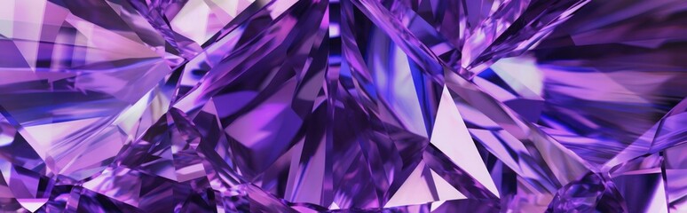 Wall Mural - 3d render, abstract amethyst crystal background, faceted texture, purple gem macro, panorama, wide panoramic polygonal wallpaper, Generative AI