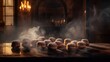 © AIPERA - Smoky Freshly baked donuts at the kitchen coming out from the oven with low light atmosphere