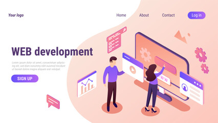 Poster - Isometric web design. Website landing page. 3D develop content. Computer technology product interface. Creative digital project. UX UI browser window. Vector online banner template