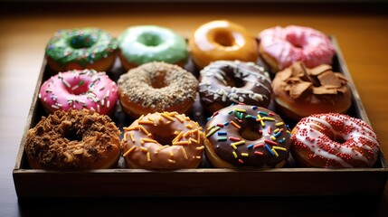 Wall Mural - a bunch of multicolor donuts on the table light on the top 