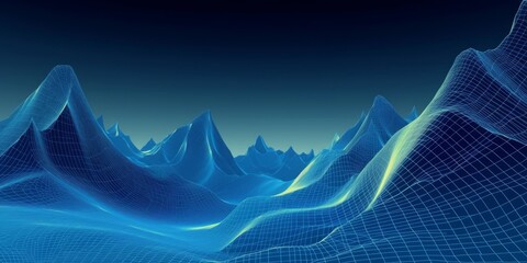 3d rendering, abstract blue background, virtual reality landscape with wireframe mountains. cyber is