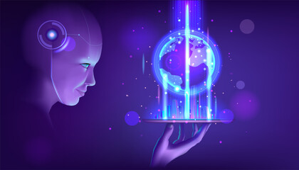 Poster - Digital AI technology. 5G world tech communication. Virtual mobile network. City home or cloud system. Android and IOT. Glowing graphic hologram. Data computing. Vector abstract concept
