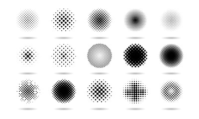 Aufkleber - Dot circles. Half tone gradient pattern. Round abstract isolated elements with point effect. Fade image. Graphic spray textures set. Geometric grunge dotted spots. Vector black background
