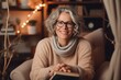 © Anne-Marie Albrecht - Medium shot portrait photography of a pleased woman in her 50s that is wearing a cozy sweater against a cozy reading nook background . Generative AI