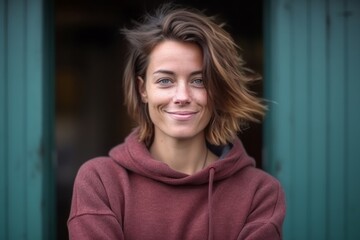 Medium shot portrait photography of a satisfied woman in her 30s that is wearing a cozy sweater against a skateboarding or bmx background . Generative AI