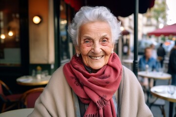 Medium shot portrait photography of a satisfied woman in her 90s that is wearing a charming scarf against a parisian or european cafe background . Generative AI