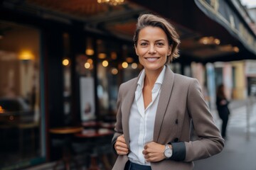 Medium shot portrait photography of a pleased woman in her 40s that is wearing a sleek suit against a parisian or european cafe background . Generative AI