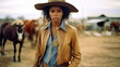 © Friedbert - A woman in a cowboy hat standing in front of horses. Generative AI.