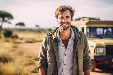 Wall Mural - Medium shot portrait photography of a grinning man in his 30s that is wearing a chic cardigan against a safari adventure with wildlife encounters background . Generative AI
