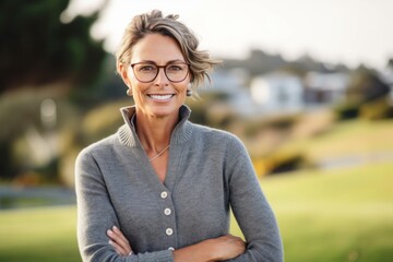 Wall Mural - Medium shot portrait photography of a pleased woman in her 40s that is wearing a chic cardigan against a beautifully landscaped golf course with players background . Generative AI