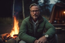 Medium Shot Portrait Photography Of A Satisfied Man In His 40s That Is Wearing A Chic Cardigan Against A Remote Wilderness Campground With A Roaring Campfire Background . Generative AI